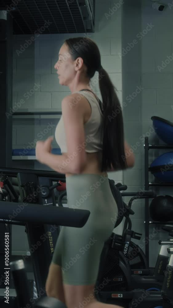 Vertical shot of young fit woman finishing running workout on treadmill, picking up bottle of water and leaving gym Vertical shot of young fit woman finishing running workout on treadmill, picking up bottle of water and leaving gym