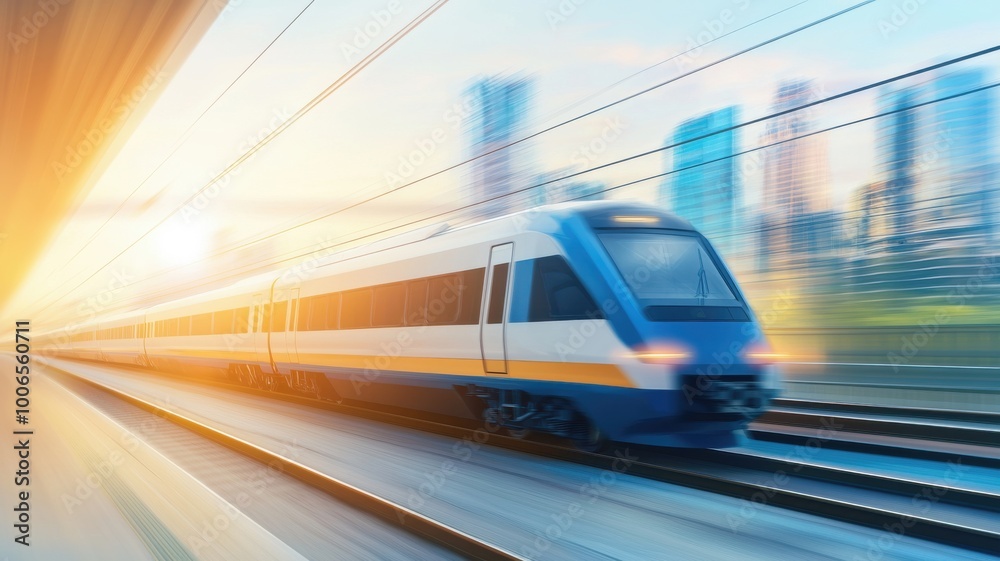 Fototapeta premium High-Speed Train in a Modern Cityscape at Sunrise