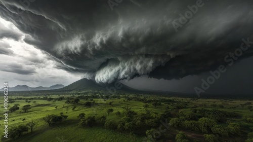 Dark clouds bringing heavy rainfall over a lush green landscape during the rainy season, no blur, photo not dark, everything is clear, copy space photo