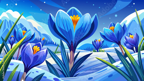 Crocuses - blooming blue flowers making their way from under the snow in early spring, closeup with space for text, banner