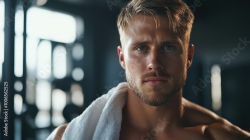 Attractive man with towel at gym gazes confidently. Concept of fitness, masculinity, and self-care