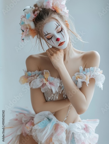Woman with Translucent Beautiful Skin Wearing Clown-like Makeup and Fancy Costume