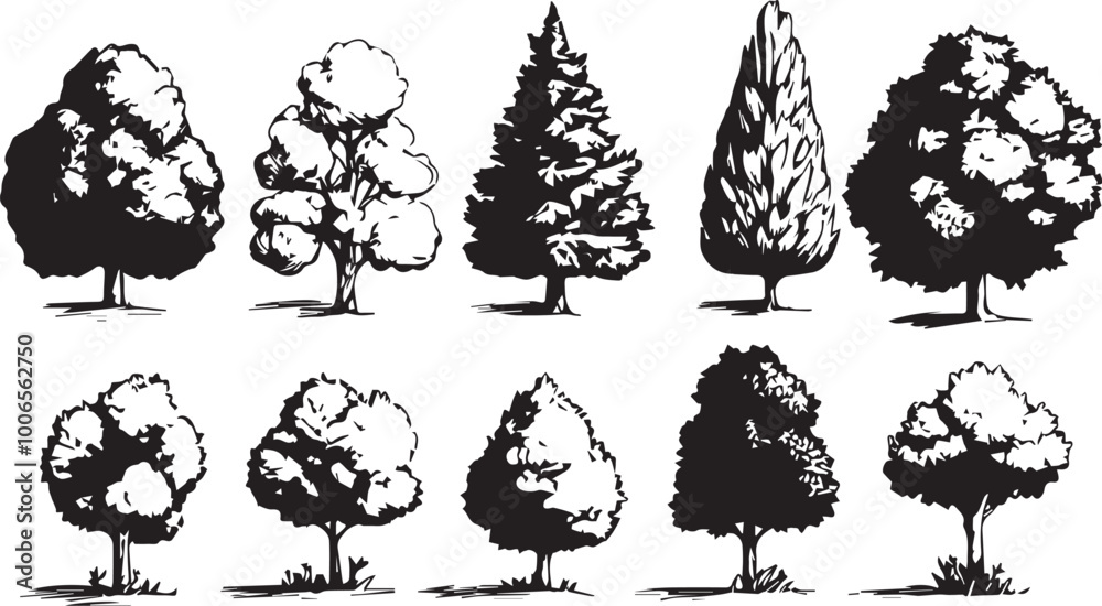 Fototapeta premium Silhouette tree set. Side view, set of graphic trees elements outline symbol for architecture and landscape design drawing. Hand drawn vector illustration