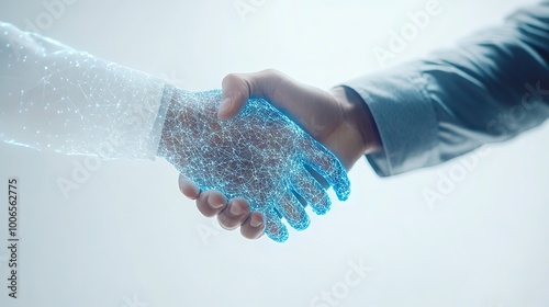 Business people, Technology and shaking hands in studio for integration and partnership deal with hologram, Futuristic clients with handshake in network or digital transformation on white background