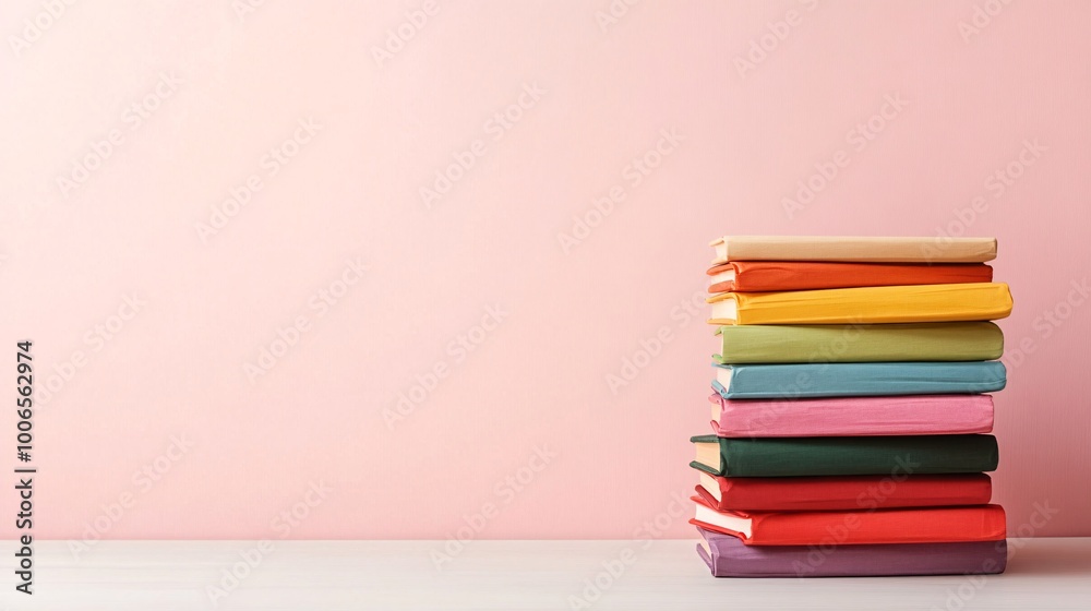 colorful stack of books on a pink background colorful stack of books on a pink background