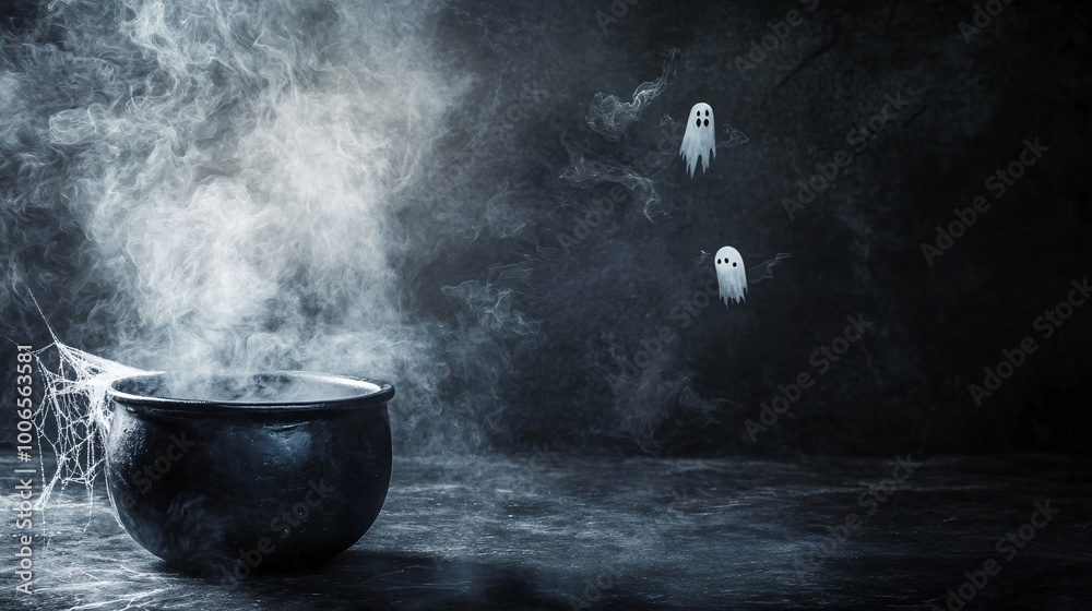 Black cauldron with steam and two ghost silhouettes on a dark background.