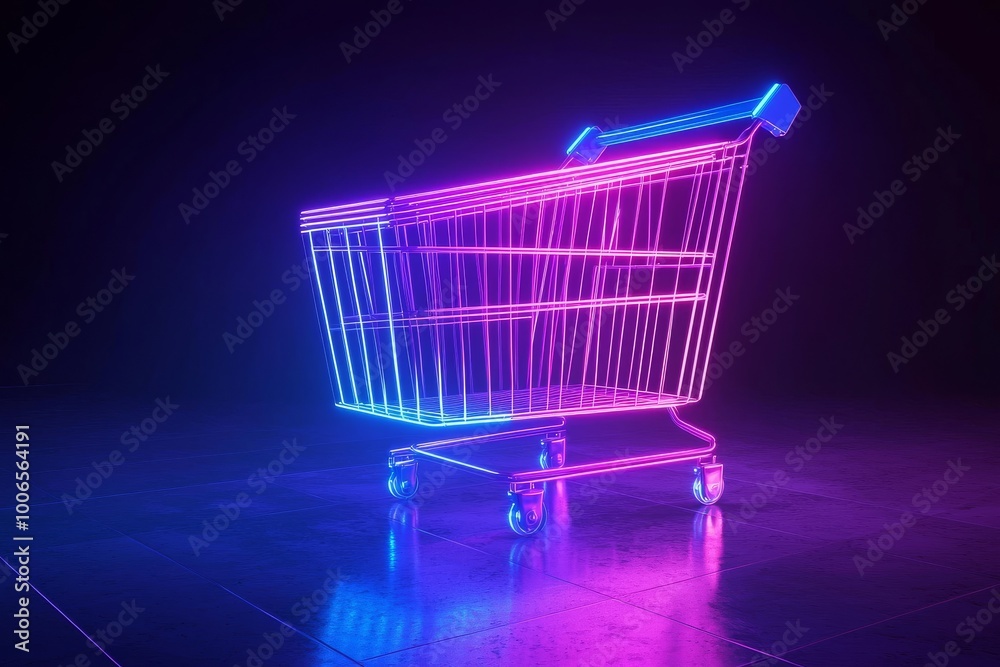 Abstract 3d element of shopping basket with neon light lines in blue and purple colors, speed of lights Abstract 3d element of shopping basket with neon light lines in blue and purple colors, speed of lights