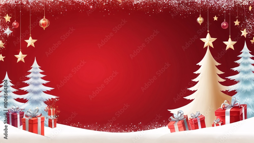 Cheerful Christmas scene with gifts, decorative trees, and festive ornaments on bright red background with copy space Cheerful Christmas scene with gifts, decorative trees, and festive ornaments on bright red background with copy space