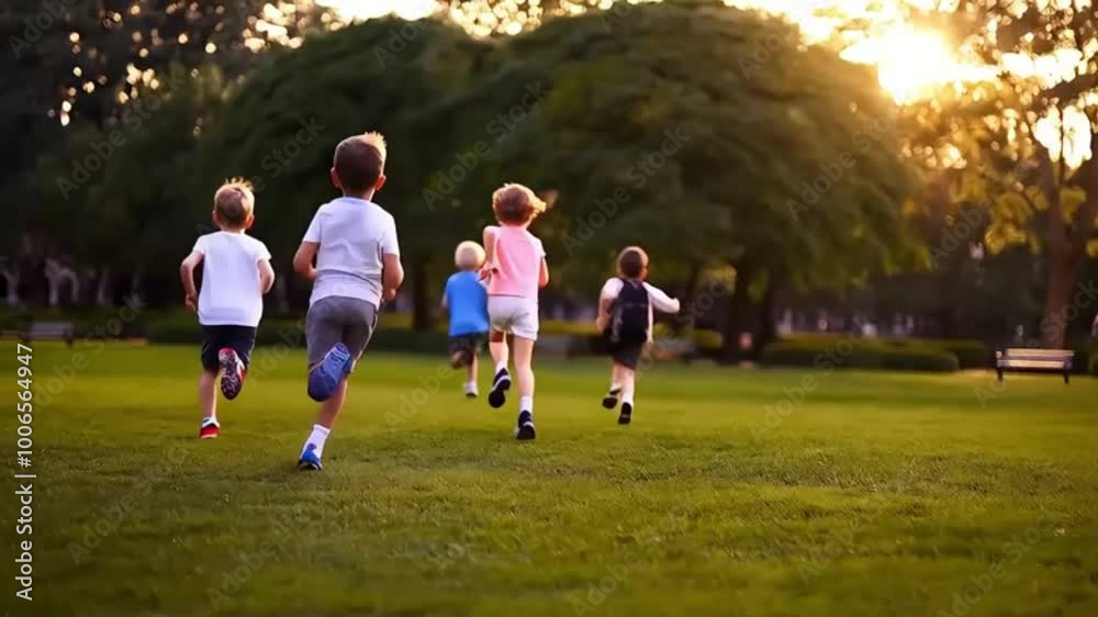 Rear View Of Children Running And Competing In Speed In The Park