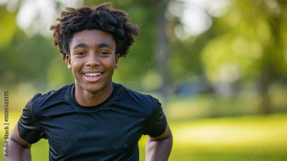 Black Teenager Enjoying a Jog in the Park Under the Summer Sun, Promoting Mental Health and Fitness Through Outdoor Activity Black Teenager Enjoying a Jog in the Park Under the Summer Sun, Promoting Mental Health and Fitness Through Outdoor Activity