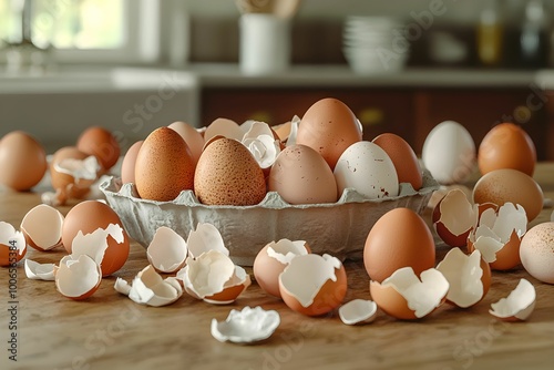 Fresh eggs and shells arranged on a kitchen table in daylight photo