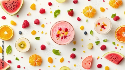 Creative layout made of smoothies and fruits around Flat lay Food concept Smoothies on the white background with watermelon strawberries apricot orange raspberry dragonfruit and grapef : Generative A photo