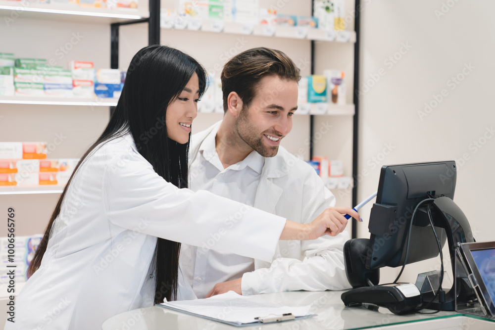 Fototapeta premium Young asian pharmacist pointing showing male colleague medication prices, recipes on computer screen in white medical coats at cash point desk in drugstore