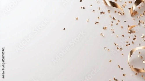 Elegant gold glitter streamers cascading against a pristine white backdrop, creating a festive atmosphere perfect for celebrations and events photo