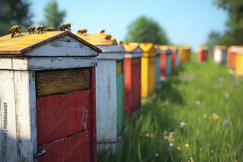 Colorful beehives in a sunny meadow during springtime Colorful beehives in a sunny meadow during springtime