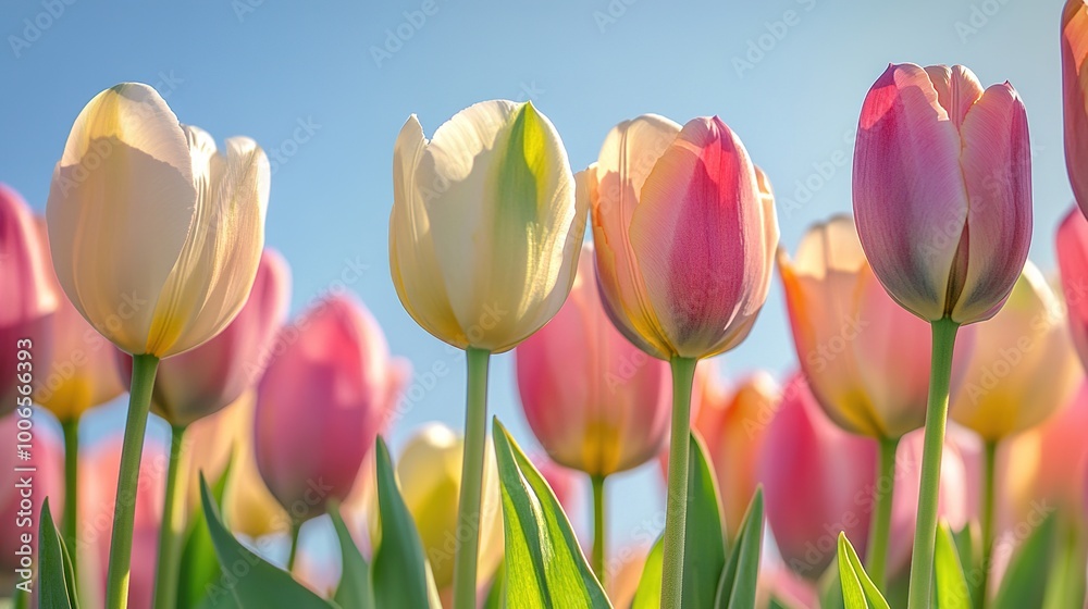 Colorful Tulips in Bloom Under Blue Sky Colorful Tulips in Bloom Under Blue Sky