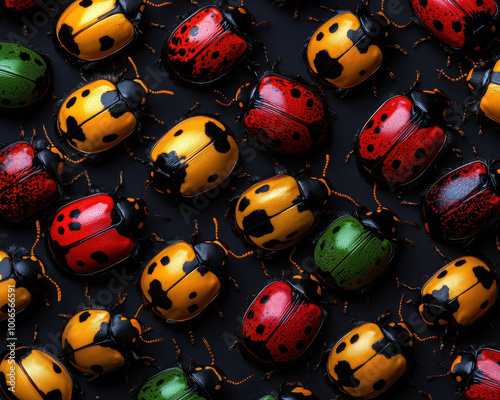 A vibrant assortment of shiny beetles showcases nature's stunning diversity. Each insect boasts intricate patterns and vivid colors, creating a mesmerizing visual display celebrating entomological bea