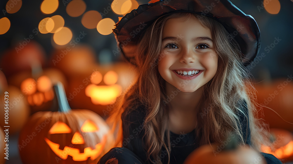 Adorable Little Girl in Witch Costume Surrounded by Carved Pumpkins: Halloween Fun in the Pumpkin Patch Adorable Little Girl in Witch Costume Surrounded by Carved Pumpkins: Halloween Fun in the Pumpkin Patch