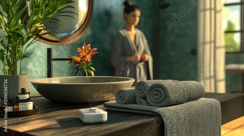 Experience the serene ambiance of a modern minimalist bathroom, where a woman in a gray towel indulges in self-care amidst plush towels, a mirror, and a vibrant plant. Elevate your relaxation today! photo