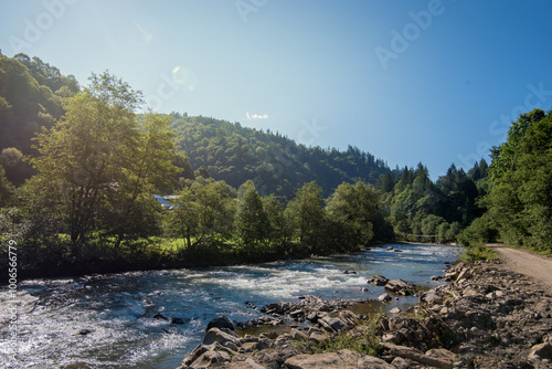 mountain river, landscapes of the Carpathian area. rocky river bank, sunny da...