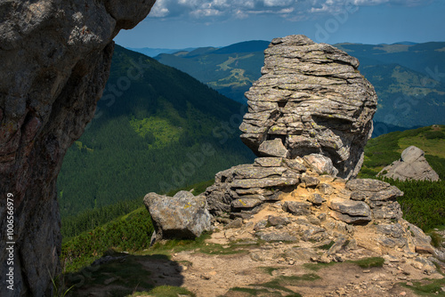 stone cliffs Eared stone on the way to the Chornohirsky ridge, Carpathians, U...