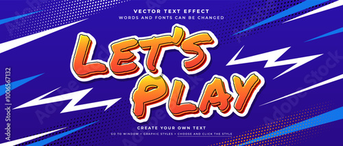 Lets play games text effect on comic style background, vector graphic style