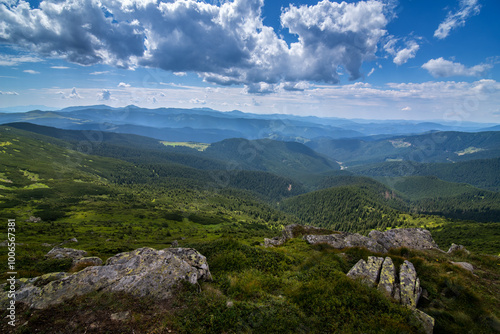 Chornohirsky ridge, beautiful silhouettes of mountains in the distance and th...