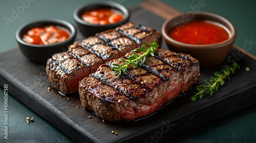 Grilled Steak with Perfect Grill Marks Served on a Slate Board with Spicy Sauces and Herb Garnish