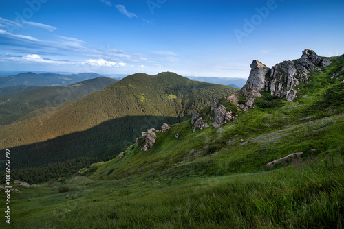 rocks and ledges of the Chornohirskyi ridge, picturesque views of the Carpath...