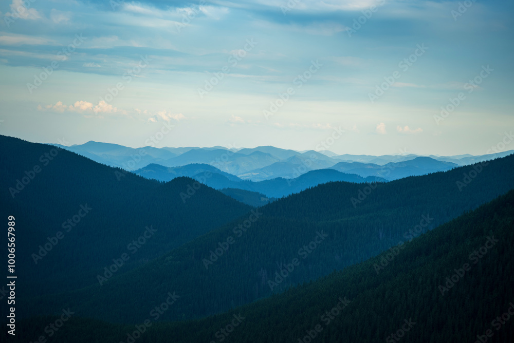 Obraz premium silhouettes of mountains in aerial perspective, Carpathian landscape