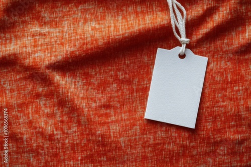 Tag for wash instructions on a bright orange tee featuring a plain white label on a textured cloth backdrop photo