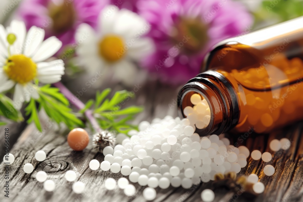 Homeopathy concept with vials of herbal remedies and healing plants on a soft background. Homeopathy concept with vials of herbal remedies and healing plants on a soft background.