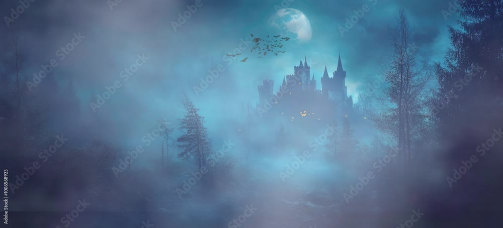 A spooky, glowing haunted house with eerie orange lights shining from the windows, surrounded by dark, misty trees under a deep blue sky. seamless looping time-lapse virtual video animation background