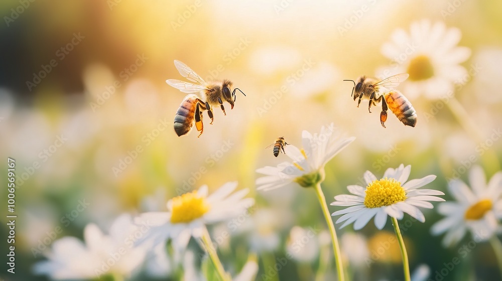 Obraz premium Bees Pollinating Flowers in Soft Sunset Light