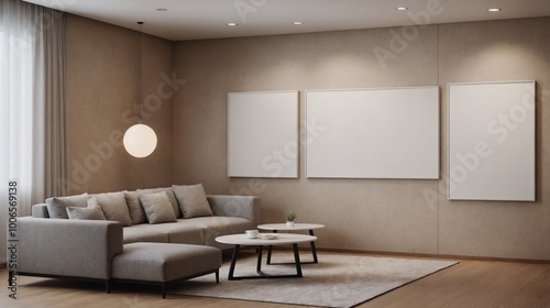 A living room interior design mockup template, high-resolution living area with furniture 3d illustration interior rendering.