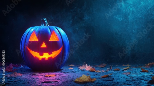Glowing blue pumpkin with a carved face on a dark background with fall leaves.
