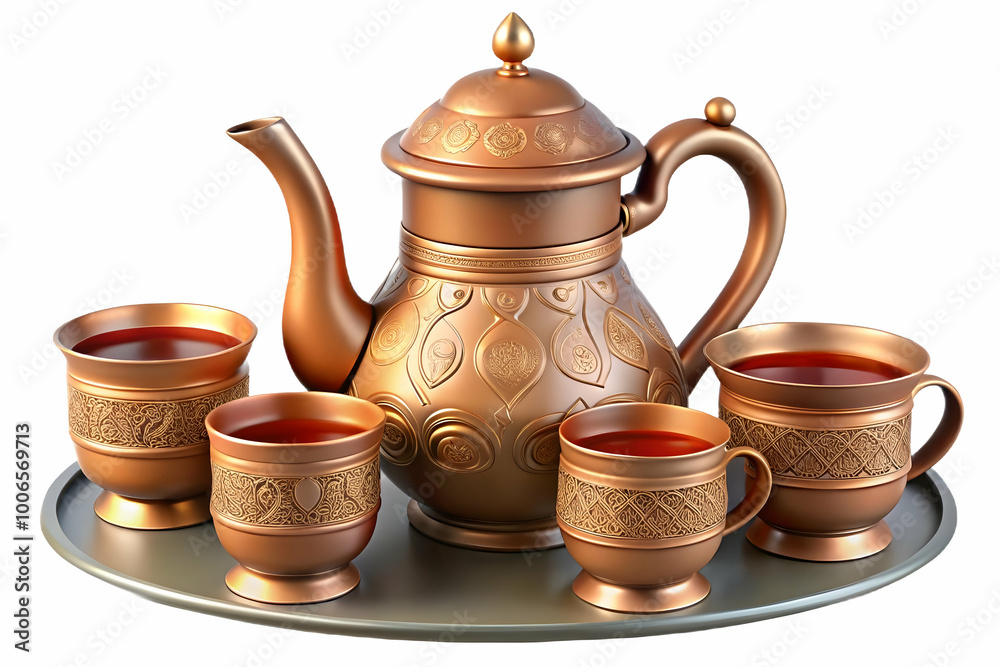 Close-Up Macro Shot of Traditional Persian Tea Set: Capturing Intricate Designs and Textures of Teapot and Cups - Perfect for Photo Stock Concept