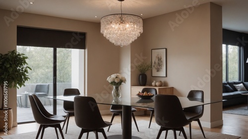 Modern dining room with designer chairs and chandlier on roof 3d illustration. photo