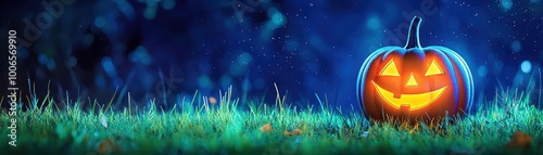 Glowing Halloween pumpkin on grass with a night sky backdrop.