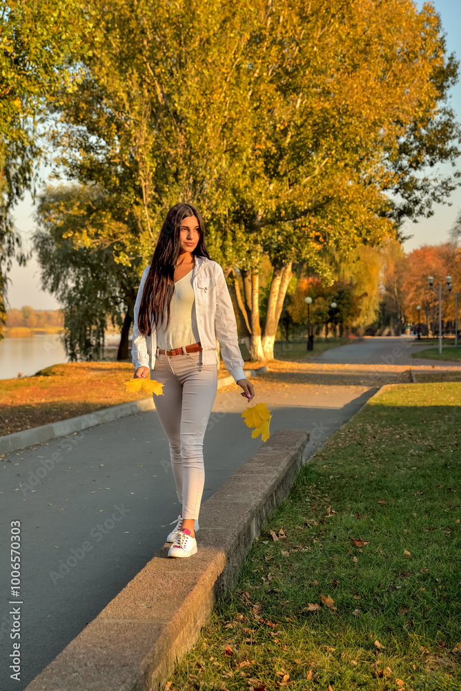 young beautiful girl walking on concrete parapet in autumn park in rays of sunlight young beautiful girl walking on concrete parapet in autumn park in rays of sunlight