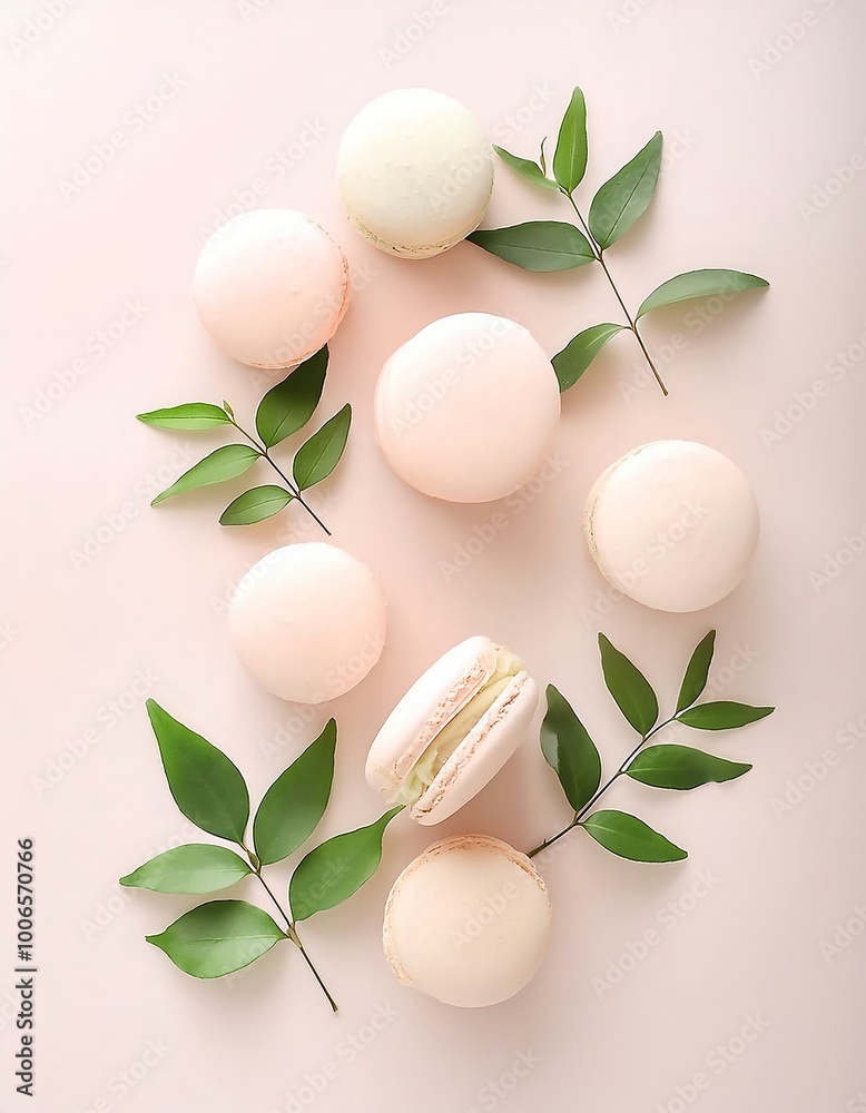 Creative concept image of French macarons pastry with flowers and leaves healthy eating diet food concept. Creative concept image of French macarons pastry with flowers and leaves healthy eating diet food concept.