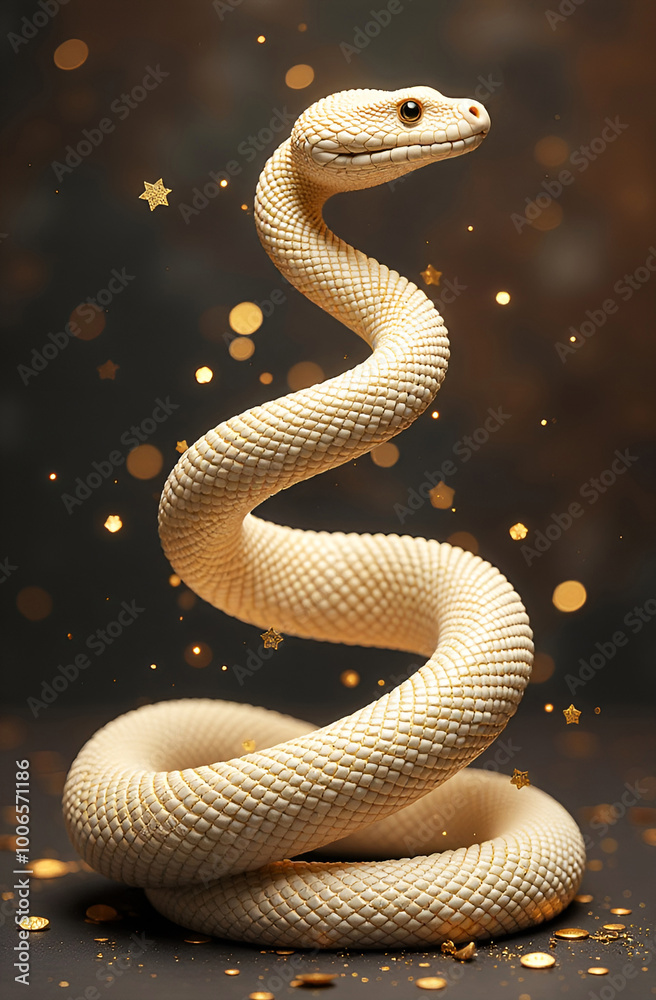 White snake bends like Christmas tree on the blurred background with golden bokeh. Chinese new year. White snake bends like Christmas tree on the blurred background with golden bokeh. Chinese new year.