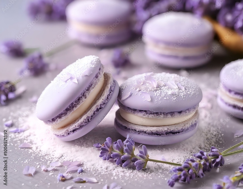 Creative food diet unhealthy eating concept photo of pastel lavender tasty fresh baked French macarons macaroons with petals and sugar. Creative food diet unhealthy eating concept photo of pastel lavender tasty fresh baked French macarons macaroons with petals and sugar.