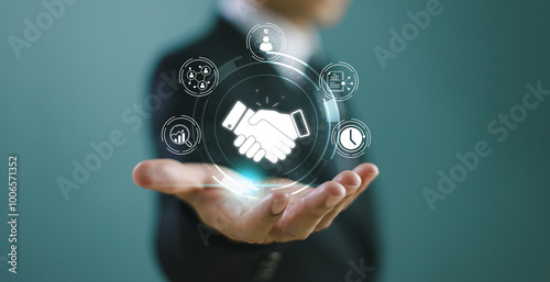 Business relationship connection concept. Partnership ecosystem, collaboration link technology service. Leadership trust handshake contact icon on global network background. Investment opportunity