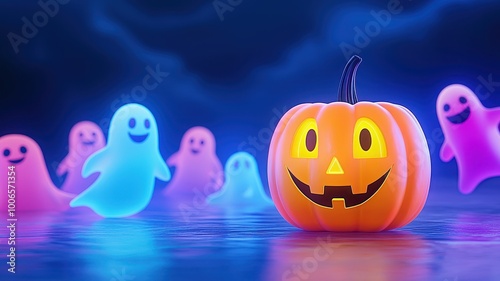 Halloween pumpkin with glowing ghosts, colorful spooky background