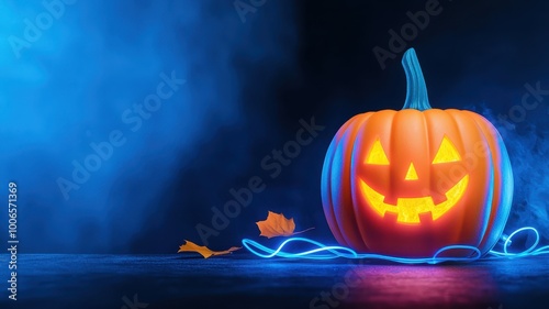 Halloween pumpkin with glowing face, blue smoke background, autumn leaves.