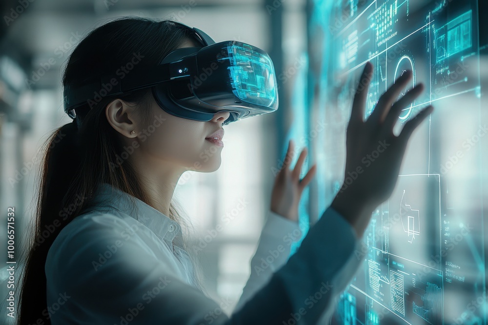 Young businesswoman wearing a virtual reality headset in a modern office, using holographic augmented mixed AR technology to view data. Young businesswoman wearing a virtual reality headset in a modern office, using holographic augmented mixed AR technology to view data.
