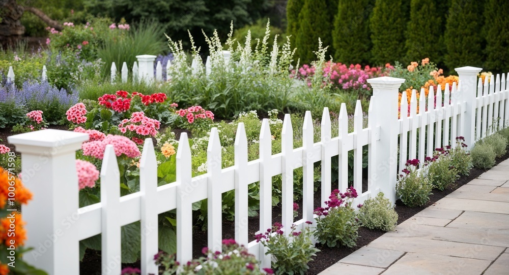 A white picket fence lining the edge of the flower garden A white picket fence lining the edge of the flower garden