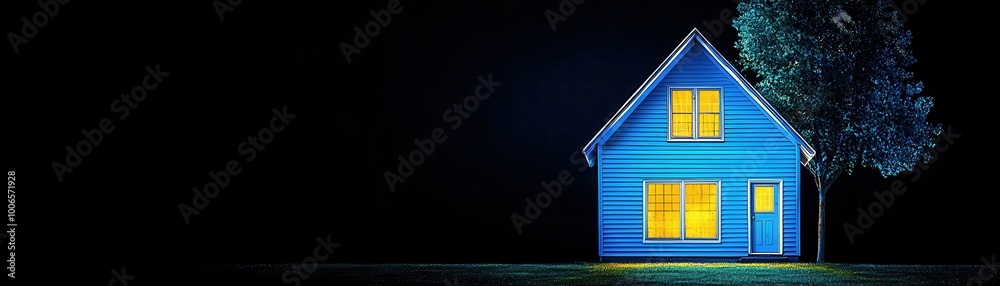 Illuminated blue house surrounded by dark environment, elegant night scenery