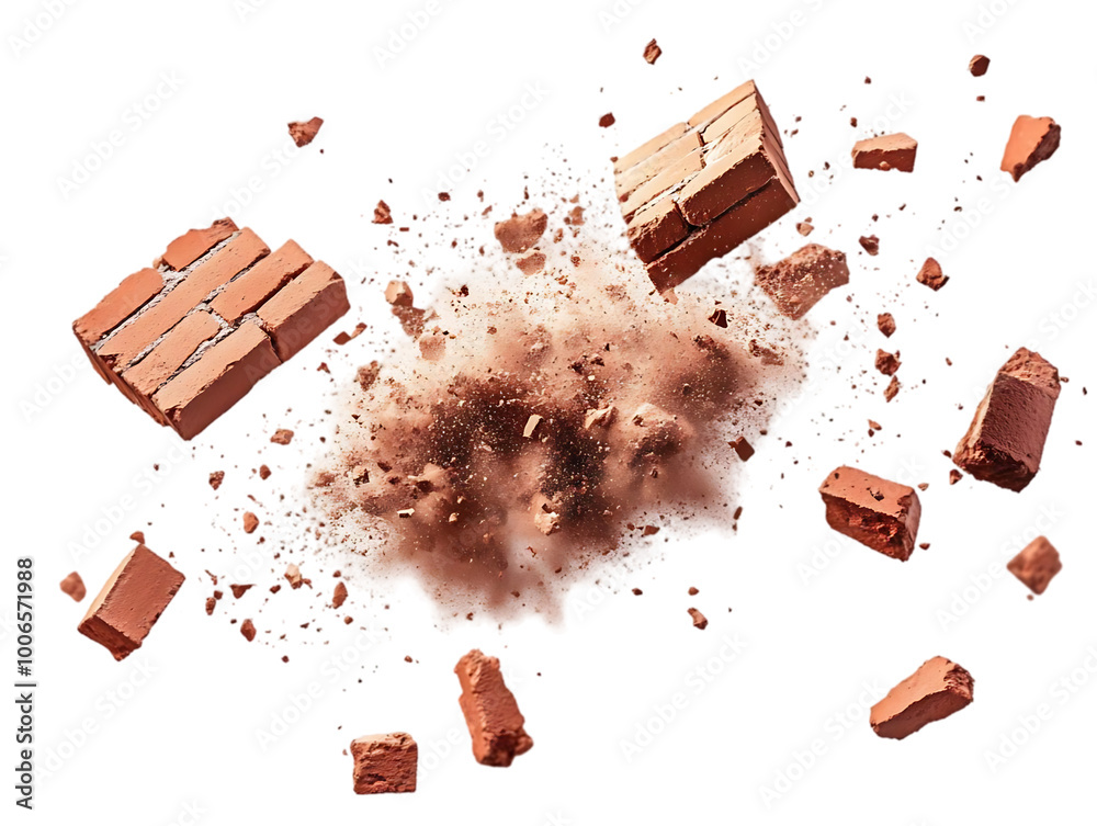 Shattered Red Bricks Explode on Transparent Background